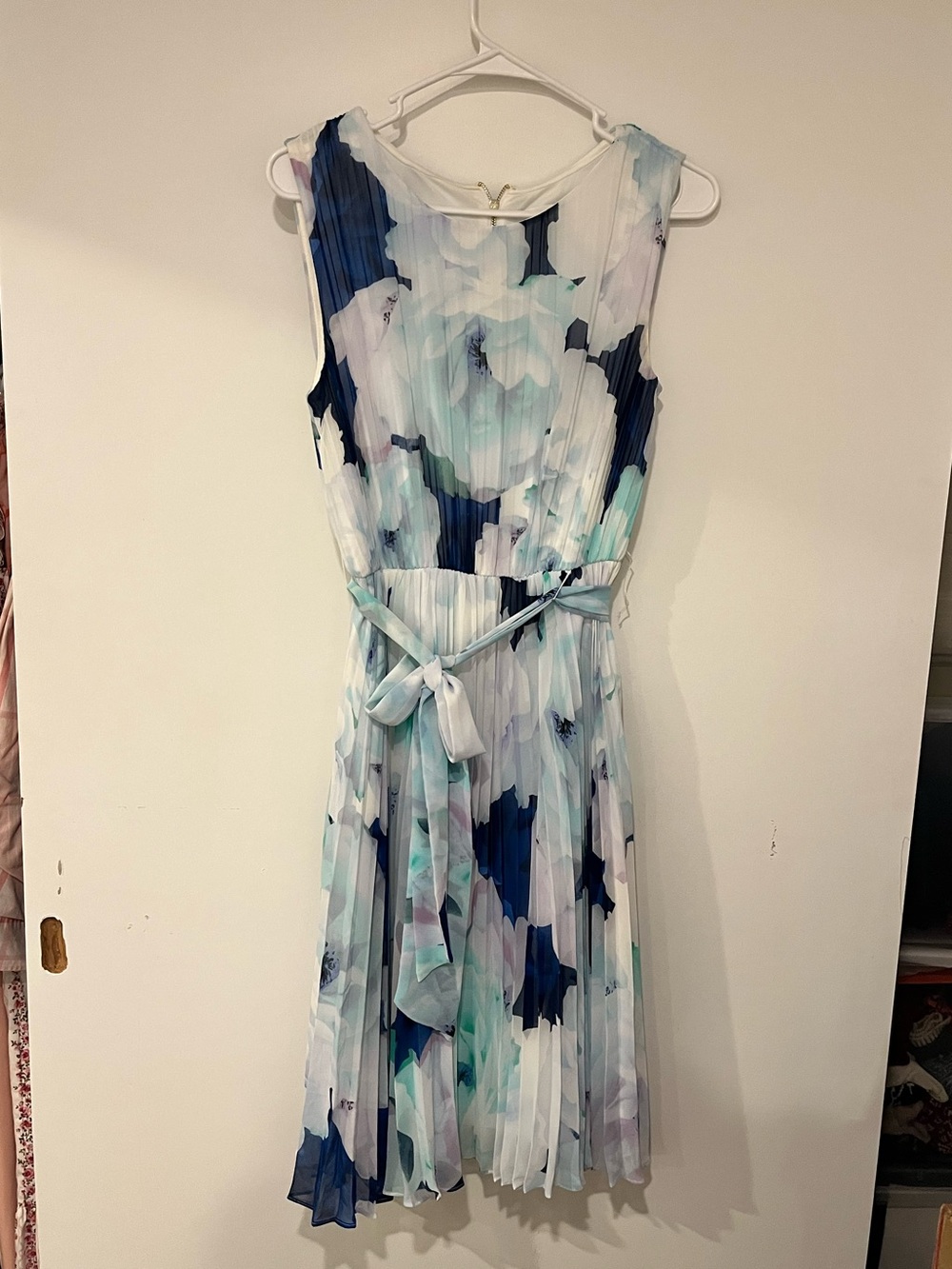 Calvin Klein Pleated Floral Midi Dress in Blue and White